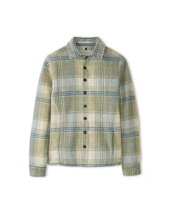 Flatlay image of a checked wool shirt with eight black buttons down the center front fastening the collared shirt closed, the colours making up the check fabric are a range of pale blue, cream, pale khaki and a slightly darker blue.